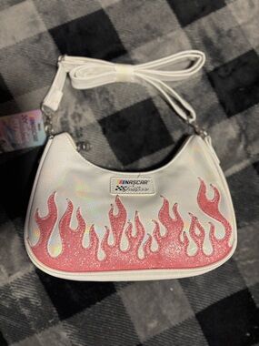 NASCAR Ladies White Holographic Shoulder Bag with Pink Glitter Flame Detail